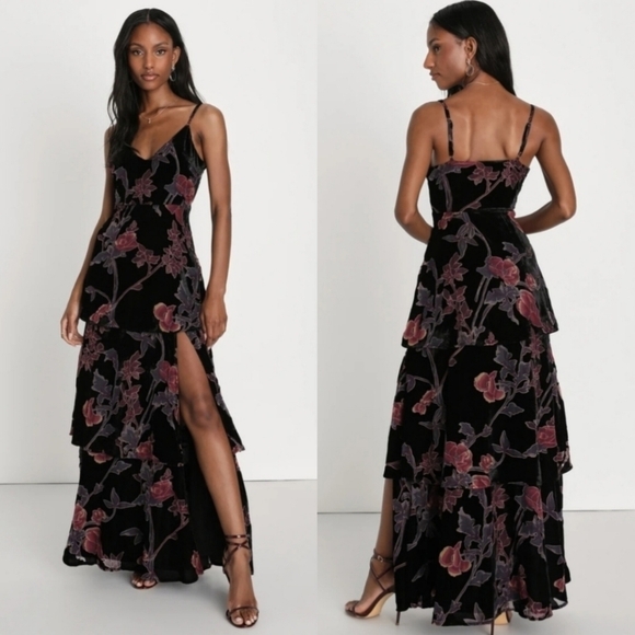 Lulus I Love You Amore Black Floral Velvet Tiered Maxi Dress M Wedding Party - Picture 1 of 11